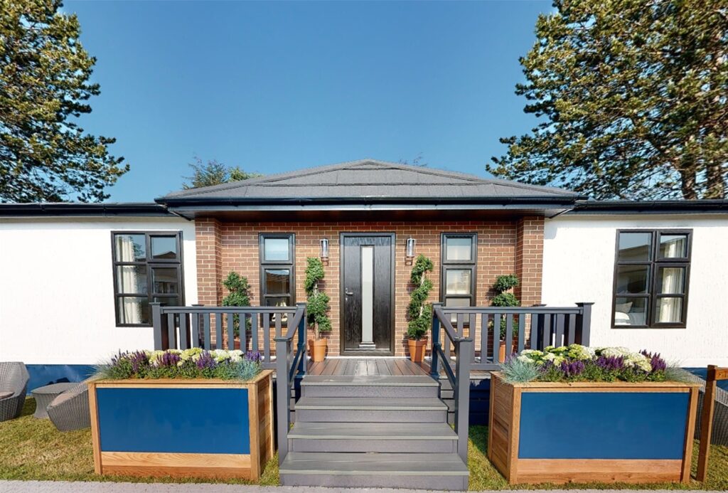 Luxury bespoke build lodge static caravan Wimborne exterior brick entrance